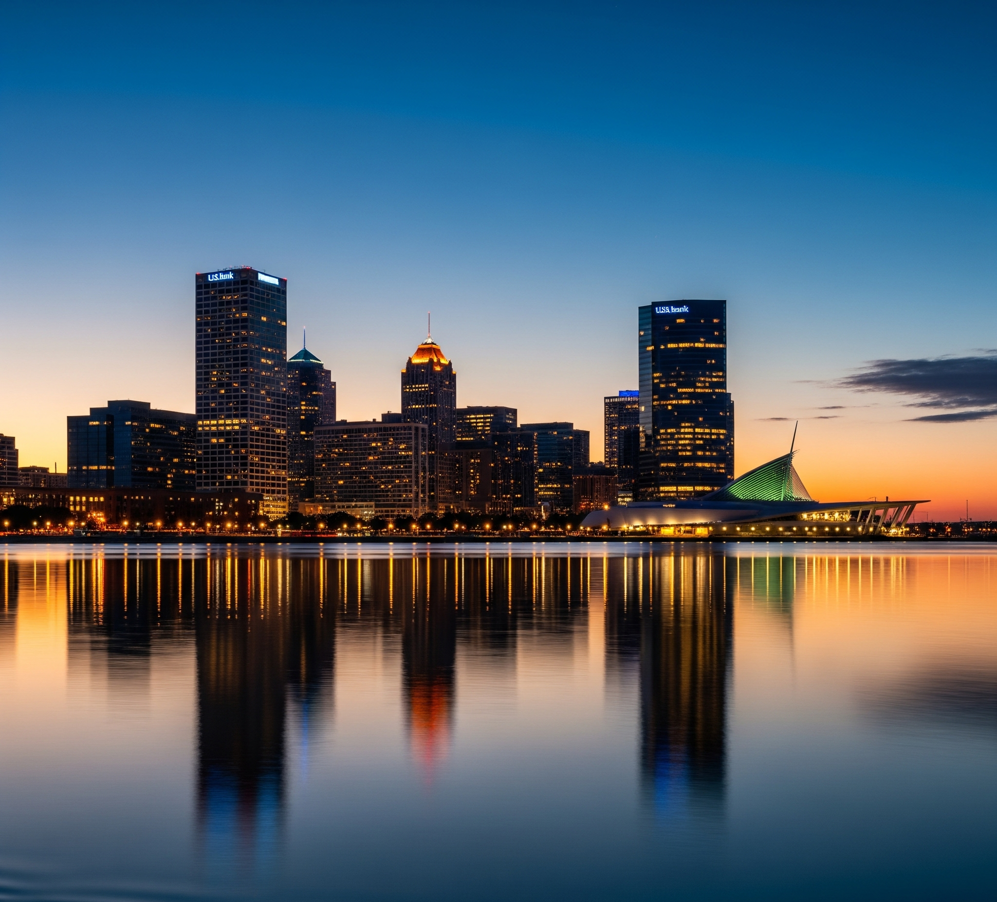 A dramatic, eye-catching photo of the Milwaukee skyline at dusk, with the city lights reflected on the calm water of Lake Michigan. Attracting anyone interested in moving to Milwaukee.