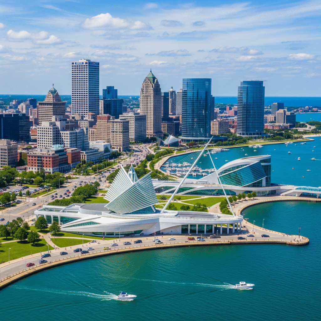 An aerial view of the Milwaukee skyline and the Lake Michigan shoreline, with the iconic Calatrava-designed Milwaukee Art Museum, highlighting a key landmark for those exploring Milwaukee neighborhoods.