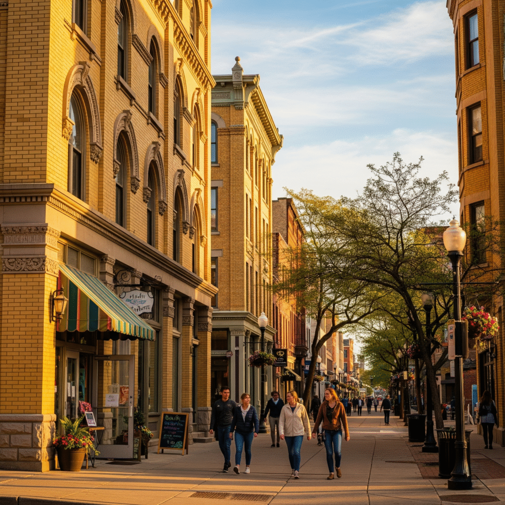 A warm, inviting photo of a street in the Historic Third Ward showcasing classic Cream City brick buildings, with people walking on the sidewalk and a glimpse of a local cafe or boutique, perfect for anyone considering moving to Milwaukee.