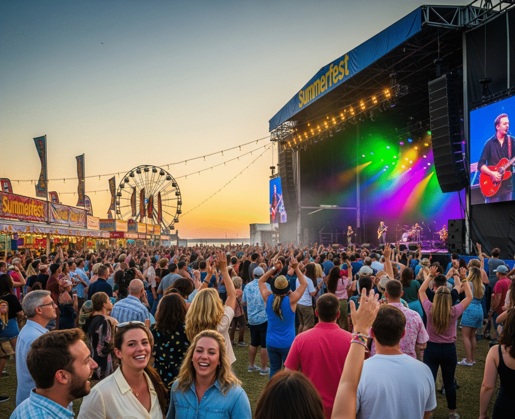 A lively and colorful scene from Summerfest, showing a crowd enjoying a live concert by the lakefront, capturing the vibrant culture of moving to Milwaukee.